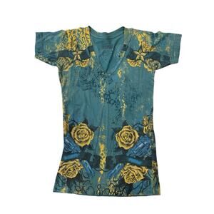 Sinful Women's/Juniors Top - Small - Green with Gold Roses Rhinestones V-neck